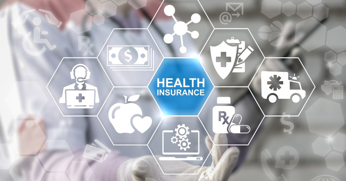 Hexagon icons around 'Health Insurance' show medical, financial, wellness, and emergency care concepts.