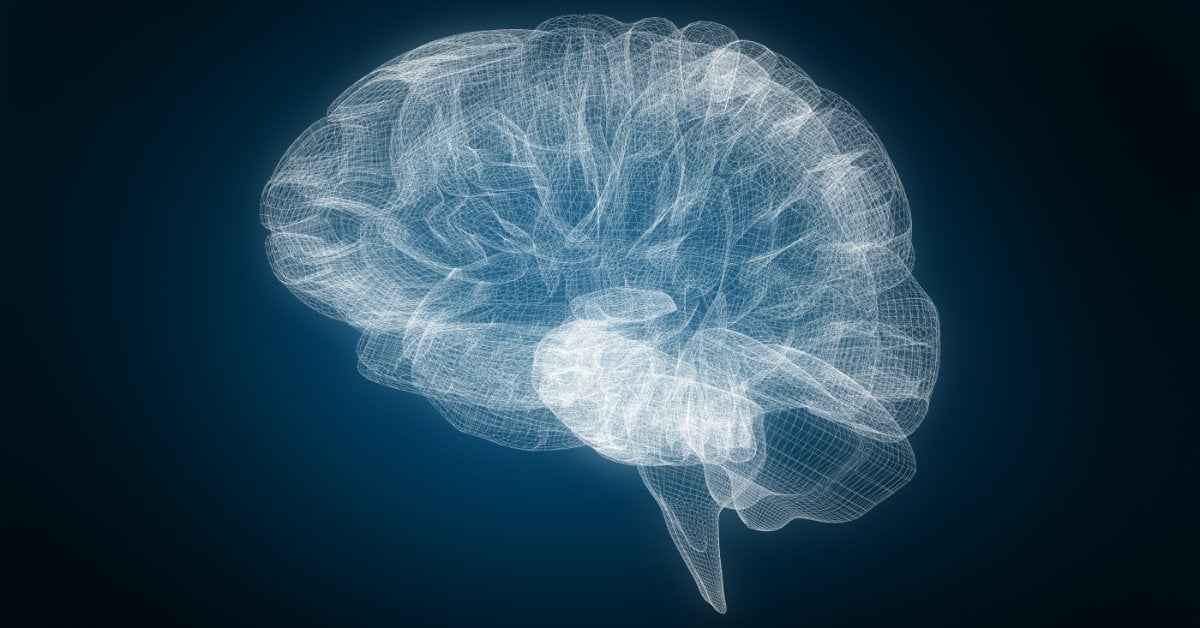 A side-view digital rendering shows a human brain made of white wireframe lines. It is centered over a dark background.